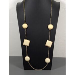 J.S. Gold Tone Long Necklace Cream Cabochon Stations 37 in Signed